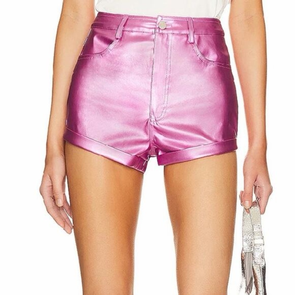 Revolve Superdown Shiny Pink High Waist Shorts